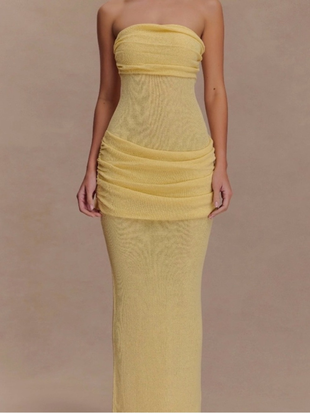 Meshki Elora Strapless Yellow Ruched Maxi Dress